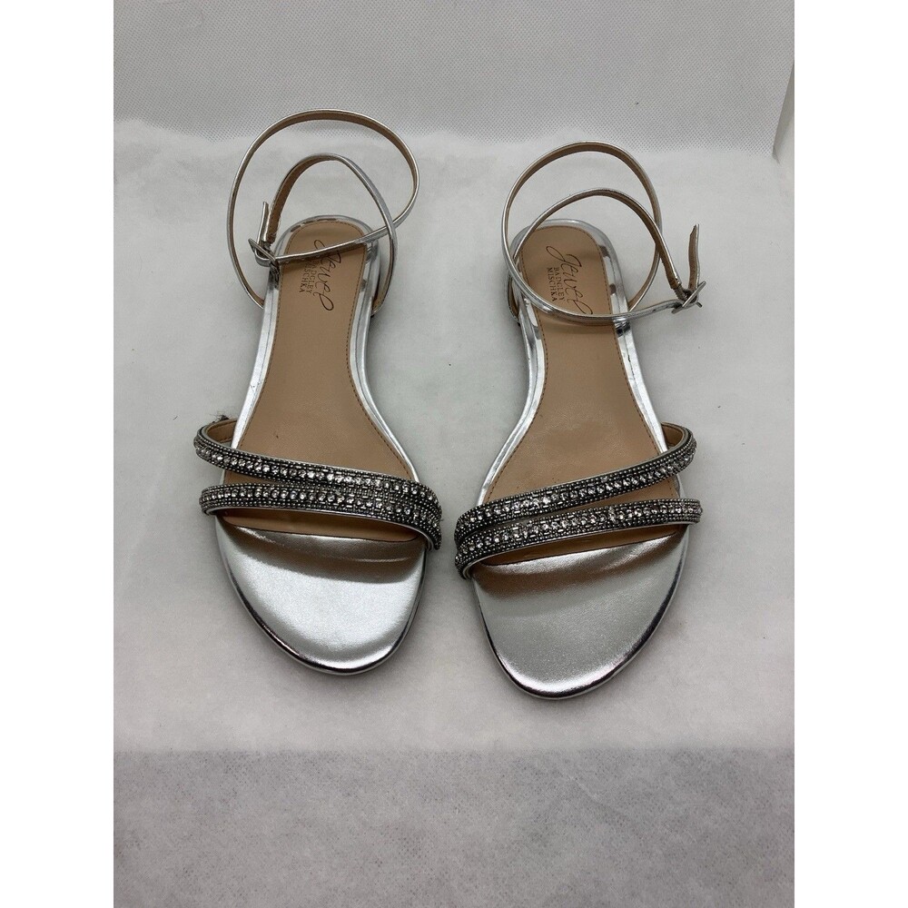Jewel Badgley Mischka Roslyn Ankle Strap Sandals Silver Rhinestones Bling Sz 8